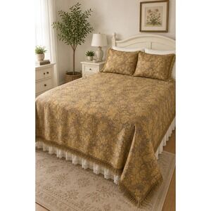 Vintage Gold Floral Tapestry Bedspread Cottage Victorian French Country Throw